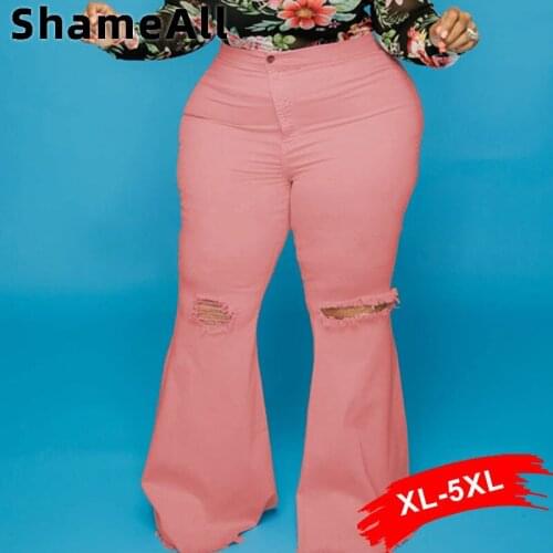 Plus Size Street Ripped Hollow Out Holes Pink Flared Jeans 3XL Y2K Wide Leg Indie Aesthetic Distressed Bell Bottoms Denim Pants