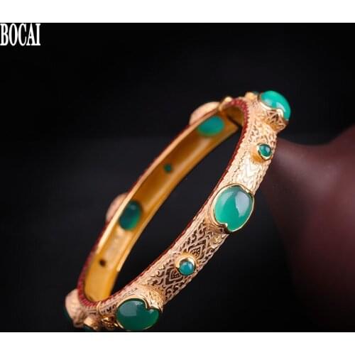 New High quality and ethnic style S925 pure silver womens green chalcedony enamel bracelet for female silver womens bracelet