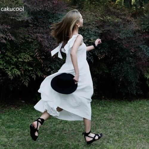 Cakucool 2020 Summer cotton dress solid color boho beach dress retro backless sleeveless strap A-line party dress