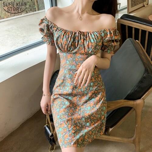 2021 Summer Floral Women Dress Casual Vintage Slash Neck Mini Dress Printing A Line Sexy Party Dresses Vestidos 14106