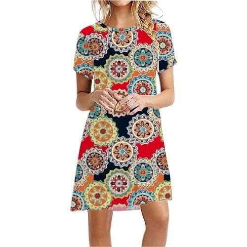 Vintage Printing Boho Dress Women 2021 Summer Short Sleeve Dress Bohemian Style Beach Sundress Ladies Robe Femme Vestidos Verano