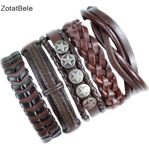 ZotatBele Wholesale bangle 5pcs/lot Braided genuine Black leather bracelet men Multilayer Rope Bracelets pulseira masculina X59