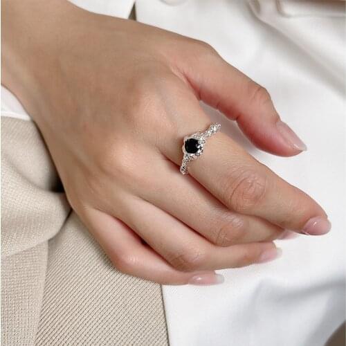 Dysmorphism Authentic S925 Sterling Silver FINE Jewelry round Black Agate Molten ring adjust Jewelry TLJ1646