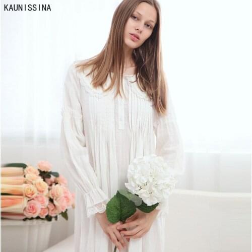 Elegant Solid Nightwear Women Victorian Nightgown Long Sleeve Sleepwear Lace Cotton Night Dress Plus Size Princess Nightdress
