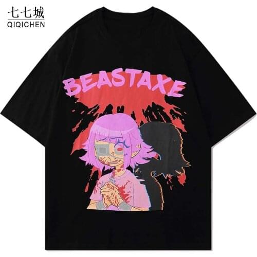 Bloody Injured Girl Print T-shirt Men Otaku Comics Anime Tee Tops Summer Casual Fashion High Street Harajuku Streetwear Couple