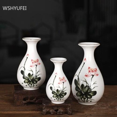 Hand Painted Lotus Ceramics Vases Ornaments Buddha Hall Decor Accessories Dining Table Flower Arrangement Vase Decoration Crafts