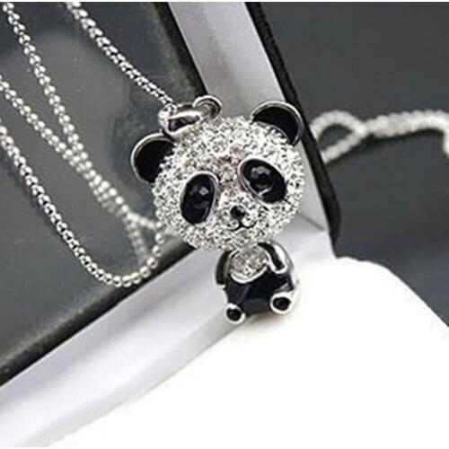 Classical Rhinestone Moving Head Panda Pendant Necklace Women Sweater Chain Necklace Jewelry