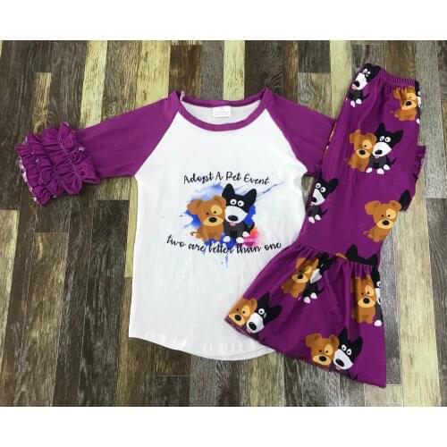 Little girls 2 pieces set dog print baby girl ruffle sleeve purple kids clothing