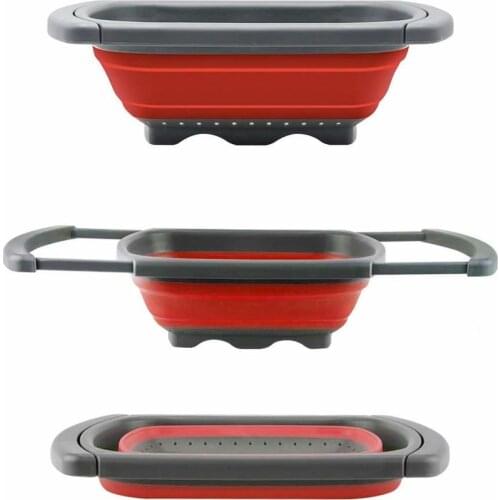 Kitchen tools Colander foldable, sink vegetable / fruit colander strainer with retractable handle (green and red) silica gel