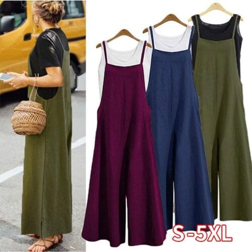Fashion Womens Ladies Cotton Jumpsuit Summer Strappy Loose Baggy Dungarees Overalls Oversized Jumpsuit Plus Size S-5XL