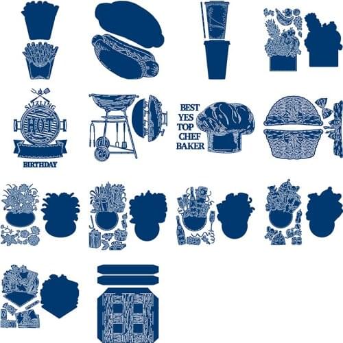 Metal Cutting Dies Set Hamburger French Fries Drink Fruits Flowers Beer Gift Box Basket Barbecue Cookware Best Chef Words 2020