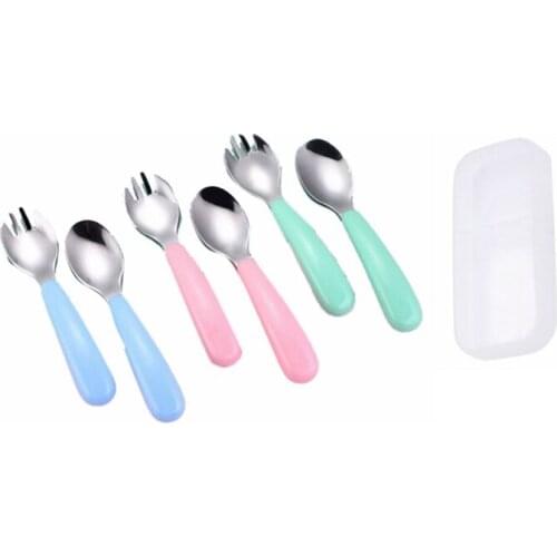 6PCS Stainless Steel Tableware Set Childrens Spoon Fork Baby Spoon Baby Eating Training Spoon Fork Tableware