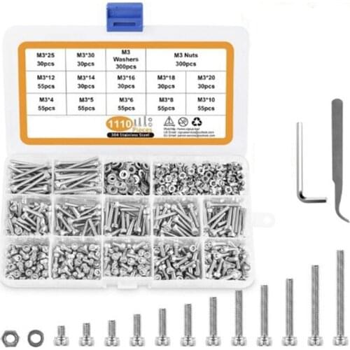 M3 Stainless Steel Screws Nuts Washers Assortment Kit with Hex Wrenches, 1100 Pcs Hex Socket Button Head Cap Screws