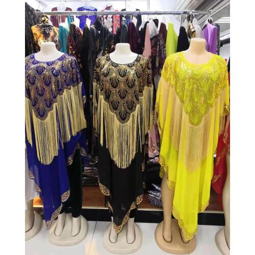 New Style African Womens Clothing Dashiki Abaya Fashion Chiffon Fabrics Tassel Sequins Loose Dress Free Size One Piece