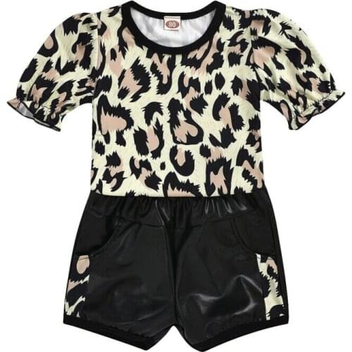 1-5Y Toddler Kid Baby Girl Clothes Short Sleeve Leopard Tops T-Shirt+Pu Shorts Pants 2pcs Outfits