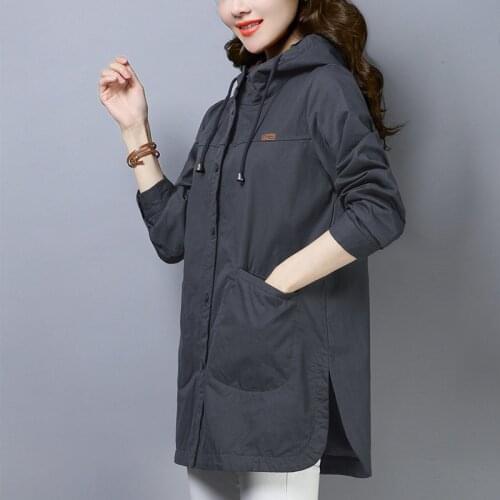 Fashion Womens Trench Coat 2020 Autumn New Female Plus size Loose Solid color Hooded Coat Casual Female Cotton Windbreaker Tops