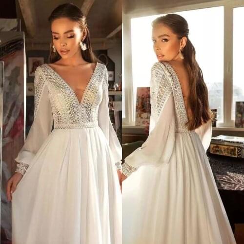 Boho Dresses Wedding Dress Long Sleeve Bride Dress Lace Flowing Chiffon A Line Bridal Gown Vestido De Noiva Свадебное Платье