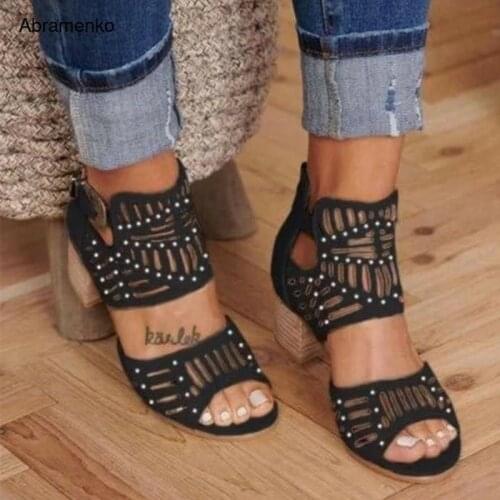 Summer Women Chunky High Heels Open Peep Toe Pumps Platform Sandals Hollow Girls Rivet Gladiator Sandals Shoes Plus Size 34-43