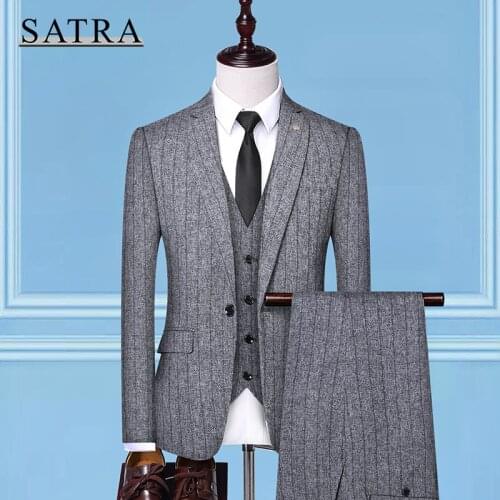 SATRA 2021 New Arrival High Quality Three-piece Male Business Casual Solid Line Suit , Mens Fashion Boutique Slim Suit