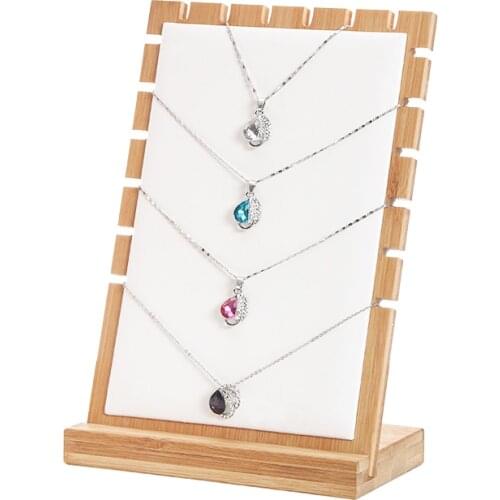 Detachable Bamboo+White PU Pendant Necklace Display Holder Rack Shelf Jewelry Display Organizer Storage Case For Window Display