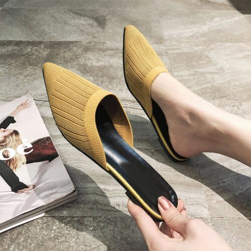 Women Slippers Fashion Slides Knitted Thin Heels Elegant Sandals Ladies Mules Outside Pointed Toe Female Shoes Spring Summer New