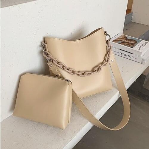 Vintage Wide Strap Women Bucket Bags Acrylic Chain Work Female Shoulder Bags Large Capacity Matte PU Leather Crossbody Bags 2021