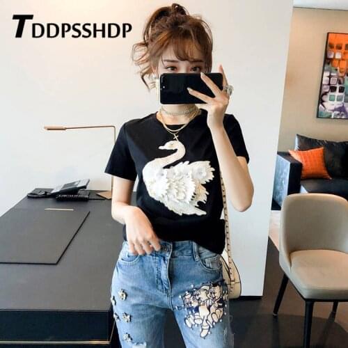 2019 Spring 3D White Swan Decor Women Tee Shirt Summer Short Sleeve Round Neck Female T Shirts