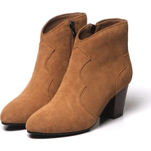 Women Martin Boots High Heels Black Camel Casual Office Female Round Toe Zipper Party Chunky Ankle Boots Large Size 53 54 M-086