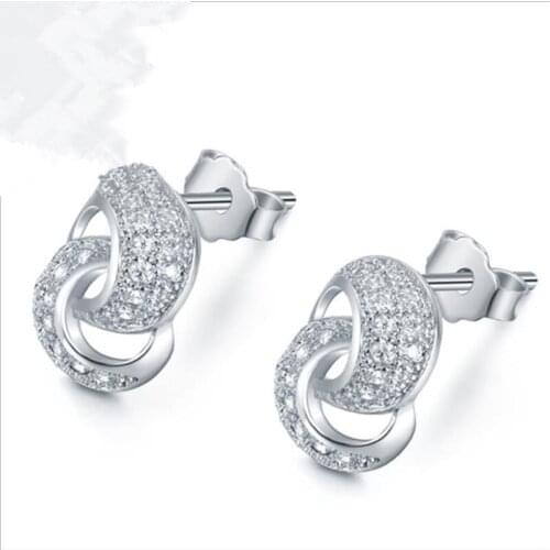 TJP Charm Rose Gold Crystal Girl Stud Earrings For Women Jewelry Top Quality Silver 925 Earrings for Lady Party Accessories Girl