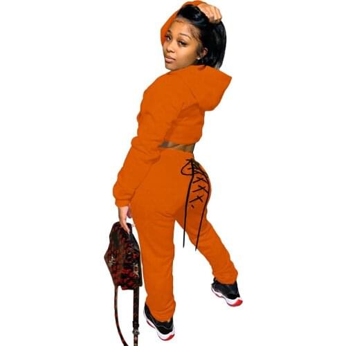 Casual Hooded Sweater Two Piece Set Long Sleeve Crop Top + Long Pants Drawstring Sportsuit Streetwear Outfit Clothes For Women