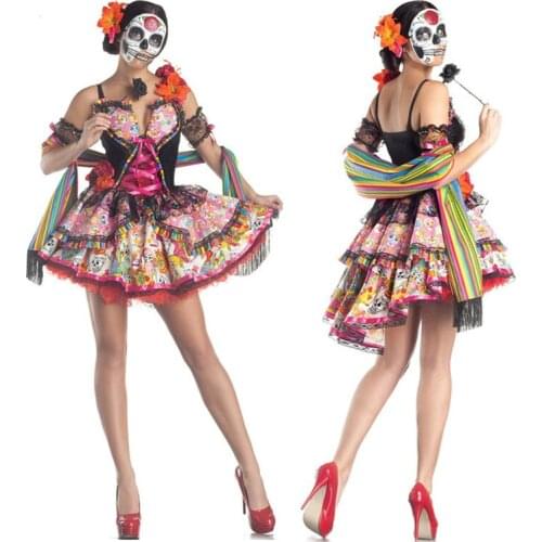 Adults Day of The Dead Costumes Flower Sugar Skull Senorita Dress Halloween Costumes for Women Mexican Dia De Los Muertos Outfit