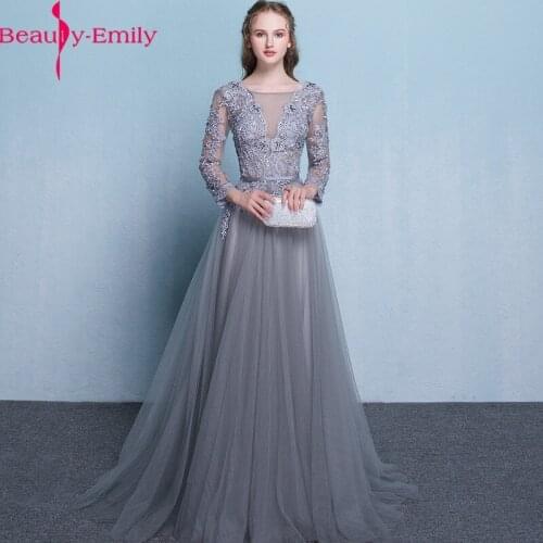 Beauty Emily Evening Dress 2019 Long Lace Up Beads Grey A Line O-neck Floor-length Formal Party Prom Dress