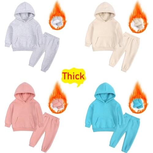 Winter Children Solid Color Suit Baby Boy Clothing Fleece Dweater Hooded Plush Sportswear For Girl Thick/Thin 2-13 Years Old New