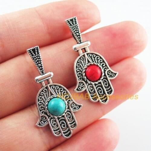 12Pcs Retro Tibetan Silver Tone Flower Palm Blue&Red Stone Charms Pendants 13.5x33mm
