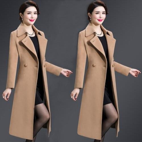 2021 Winter Womens Jackets & Coats Female Long Overcoat Belt Wool & Blends Coat Turn-down Collar Solid Color Pockets Parkas