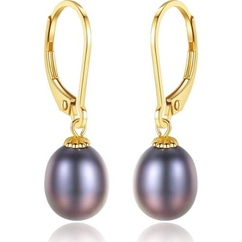 8-9mm Pearl 18K Gold Simple Fashion Black Pearl Womens Earrings