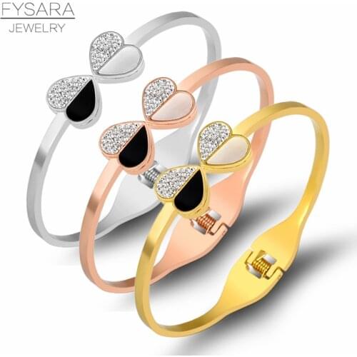 FYSARA Black White Shell Heart Cuff Bracelets Bangles For Women Jewelry accessories Zirconia Crystals Bangles Cute Wedding Gift