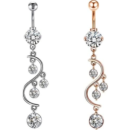 JUNLOWPY Tassel Belly Button Rings Surgical Steel Gold Clear Zircon Navel Ring Piercing Body Jewelry Wholesales Nombril Women