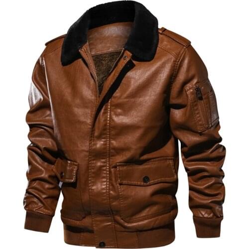 Mens Winter Warm Thick PU Jacket Bomber Leather Jacket Velvet Male Faux Motorcycle Jackets Male Retro Fur Coats Size:S-2XL