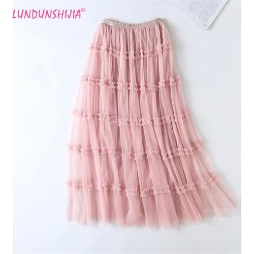 LUNDUNSHIJIA Fashion Elastic Waist Women Pleated Skirt 2019 Summer Good Quality Mesh Long Skirts 6 Colors