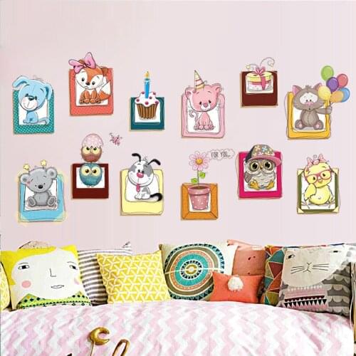 Cartoon cute animal photo frame home decor wall stickers owl dog cat childrens bedroom DIY wardrobe pvc removable sticker mural