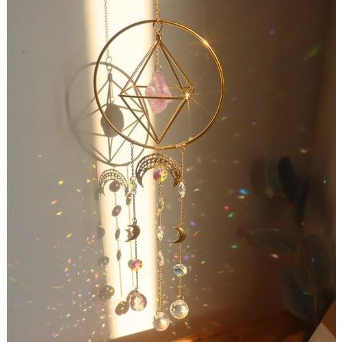 Natural Amethyst Wind Chimes Sun Moon Crystal Light Catcher Prism Pendant Rainbow Maker Garden Window Chandelier Hanging Decor