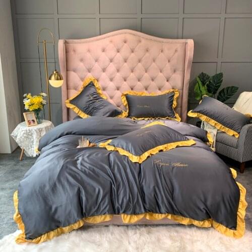 2020 New Glossy Satin Match Ruffles Bedding Set Smooth Lustrous Duvet Cover Set Bed Sheet Pillowcases Queen King Size 4pcs