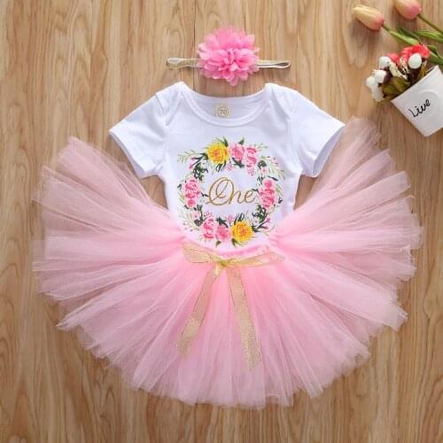 NEW 2020 Summer Newborn Baby Girls Clothes Letter One Birthday Clothes 2PSC prints Romper Jumpsuit pink Gauze skirt