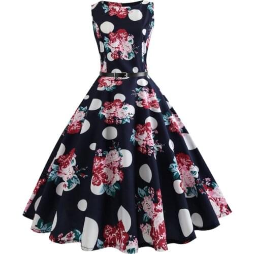 New summer Black and Flower painting Party Dresses Women Dress 50s 60s Retro A-Line Vintage Dress With Belt sexy dancing dress