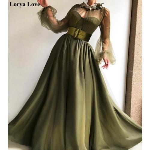 Olive Green Satin Long Prom Dresses 2020 Illusion Formal Party Robe De Soiree Long Sheer Sleeves Beading Vestidos Evening Gowns