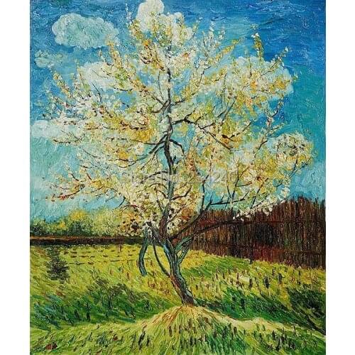 100% Handpainted Oil Painting on Canvas Pink Peach Tree Vincent Van Gogh Painting Wall Decor Art Vertical Unframed