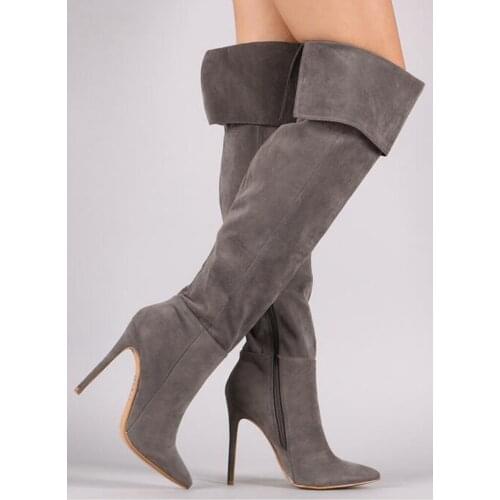 Grey suede pointed toe over the knee boots woman fashion thigh high boots sexy thin heels boots night club wear long boots