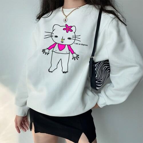 Funny Japan Harajuku Style White Loose Sweatshirts For Female Crewneck Cotton Long Sleeve Autumn Y2K Pullover Ins Casual Jumper