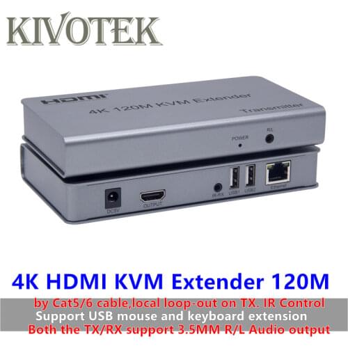 USB mouse/keyboard Extension+HDMI4K KVM Extender 120M by Cat/RJ45/LAN cable,IR Control,TX/RX support 3.5MM R/L Audio output
